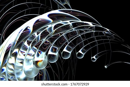 3d render of abstract 3d background with curve round lines or deformed tubes in glossy glass and matte surface in some parts with color spectrum dispersion effect on black background