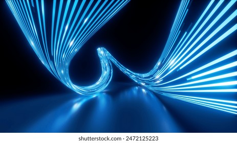 3d render, abstract background. Curvy neon ribbon with glowing lights. Telecommunication and internet technology concept. Data transfer metaphor. Particles moving and leaving glowing tracks