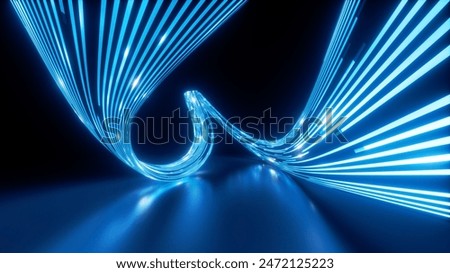 3d render, abstract background. Curvy neon ribbon with glowing lights. Telecommunication and internet technology concept. Data transfer metaphor. Particles moving and leaving glowing tracks
