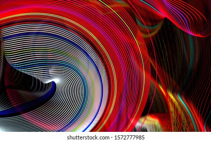 3d Render Of Abstract 3d Background With Depth Of Field Effect  Based On Round Curve Wavy Stripes Lines Cords Or Wires In Red White Blue And Yellow Color