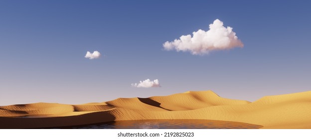 3d Render, Abstract Background With Desert Sand Dunes And White Clouds. Panoramic Landscape