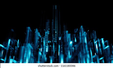 3d Render Abstract Background. Digital City Concept. Abstract Complex Structure Of Pseudo City.