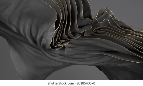3d de representación, fondo abstracto con capas de drenaje y espoleta textil plegada, macro de tela negra con bordes dorados, fondo de pantalla ondulada