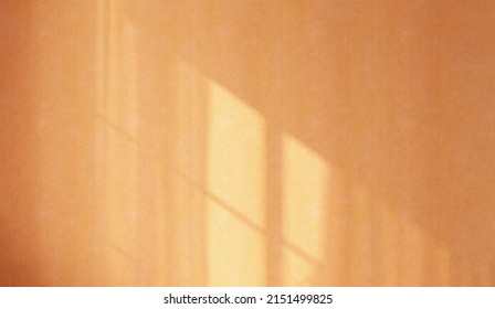 3D render abstract background, an empty blank wall with orange yellow fabric wallpaper, morning sunlight and window frame shadow. Templates, Backdrop, sheer curtains, Texture, Material, Interior, Art.