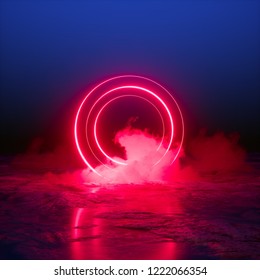 3d render, abstract background, energy source, round portal, red neon lights, virtual reality, circles, glowing rings, infrared, ultraviolet spectrum, laser show, smoke, fog, terrain, ground