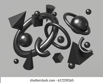 3d render  abstract background  falling geometric primitive shapes  zero  gravity  black elements isolated neutral background