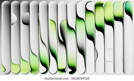 3d render. Abstract background of fluted glass stripes and liquid pattern reflections. Modern wallpaper with ripple effect