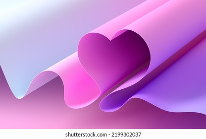 3d render  abstract background and form heart paper waves  modern wallpaper and purple violet blue wavy folds
