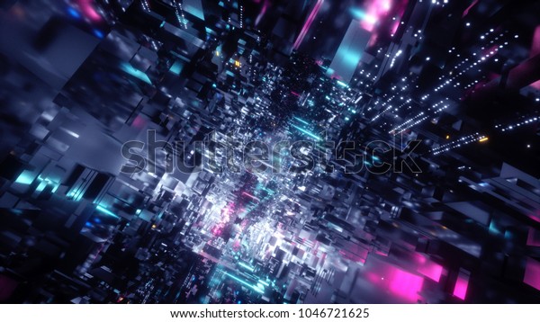 3dレンダリング 抽象的な背景 未来的な構造 幾何学的な壁紙 ピンクの青いネオン ライト ビッグデータ 断片 量子コンピュータ ストレージ サイバーセーフティ 仮想現実 のイラスト素材
