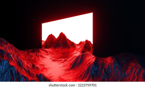 3d render, abstract background with geometric shape portal and surreal landscape with red mountains. Fantastic wallpaper