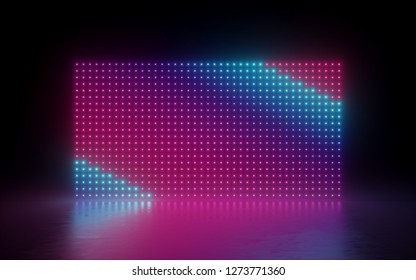 3d render, abstract background, glowing dots, screen pixels, neon lights, virtual reality, ultraviolet spectrum, pink blue vibrant colors, fashion podium, isolated on black, floor reflection