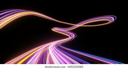 3d render. Abstract background of glowing neon lines. Light drawing trajectory, twisted ribbon with loop