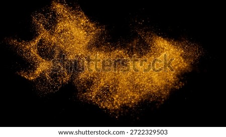 3d render. Abstract background of gold sand, golden glitter and sparkling bokeh lights shimmering in the dark. Macro of neural node.
