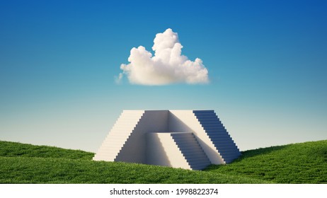 3d render  abstract background and green grass   blue sky  White cloud above the concrete stairs
