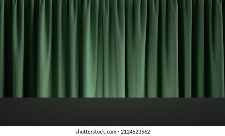 3d Render, Abstract Background With Green Velvet Curtain Behind The Empty Black Stage. Minimalist Showcase Scene For Product Presentation