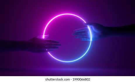 3d render, abstract background with hands holding round pink blue neon frame, glowing in ultraviolet light