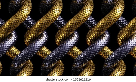 3d Render, Abstract Background With Interlaced Net, Golden And Silver Snakes, Metallic Scales Texture