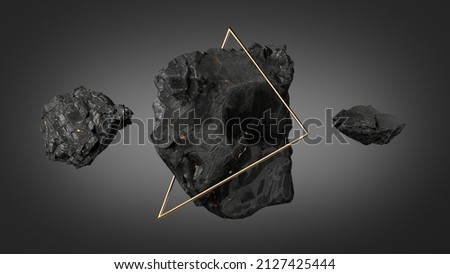 3d render, abstract background with levitating black rocks stones and golden triangular shape. Modern geometric wallpaper