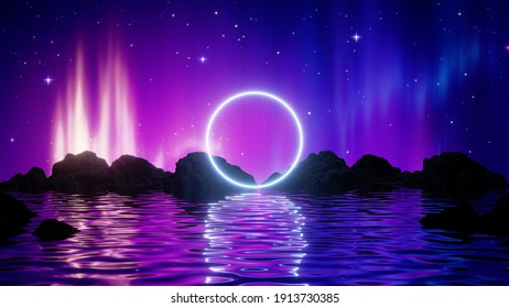 3d Render, Abstract Background With Midnight Landscape: Aurora Borealis Glowing Lights In The Starry Night Sky Above The Water And Mountains. Bright Neon Round Frame. Sacred Geometry.