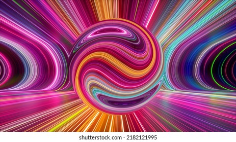 3d Render, Abstract Background. Modern Wallpaper With Neon Lines And Sphere