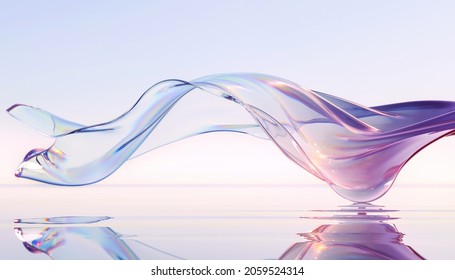 3d macht abstrakten Hintergrund in der Naturlandschaft. Transparentes glänzendes Glasband auf Wasser. Holografische gebogene Welle in Bewegung. violettes Farbverlauf-Design für Banner-Hintergrund, Tapete.