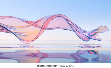 3d render abstract background in nature landscape. Transparent glossy glass ribbon on water. Holographic pink curved wave in motion. Iridescent design element for banner background, wallpaper.