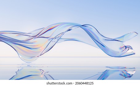 3d macht abstrakten Hintergrund in der Naturlandschaft. Transparentes glänzendes Glasband auf Wasser. Holografische gebogene Welle in Bewegung. Unglaubliches Design-Element für Banner-Hintergrund, Bildschirmhintergrund.