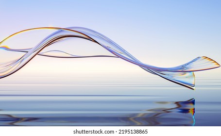 3d render abstract background in nature landscape  Transparent glossy glass flow water  Holographic curved wave in motion  Iridescent design element for banner background  wallpaper 