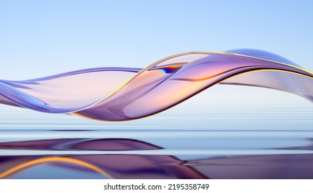 3d render abstract background in nature landscape  Transparent glossy glass flow water  Holographic curved wave in motion  Iridescent design element for banner background  wallpaper 
