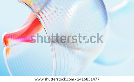 3d render abstract background in nature landscape. Transparent Crystal glossy glass ribbon on water. Holographic curved wave in motion Purple gradient design element for banner background, wallpaper. 