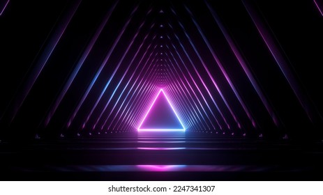 3d render, abstract background with neon triangle at the end of the virtual geometric tunnel