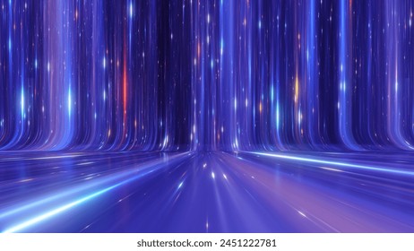 3d render. Abstract background of neon lines sliding down. Modern digital wallpaper. Streaming glowing particles. Fantastic cyber space