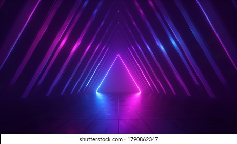 3d Render, Abstract Background With Pink Blue Glowing Neon Light Triangle, Geometric Wallpaper With Triangular Tunnel