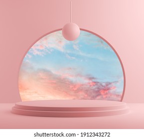 3D Render, Abstract Background With Pink Podium And Minimal Summer Scene.