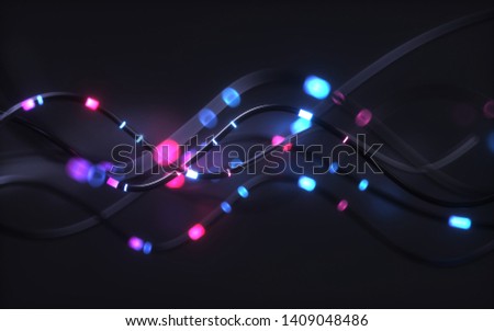 3d render, abstract background, pink blue neon light impulse going through cables, big data transfer, network