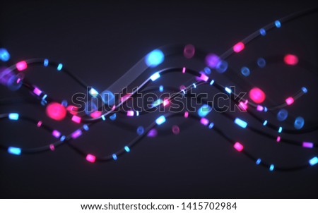 3d render, abstract background, pink blue neon light impulse going through cables, big data transfer, network