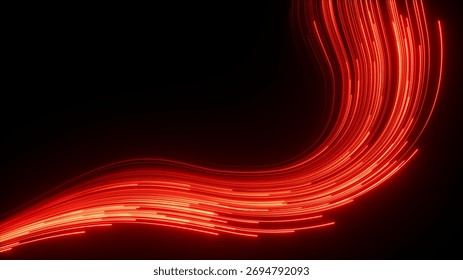 3d render, abstract background of red neon lines and curvy strings glowing in the dark. Speed of light. Fantastic wallpaper