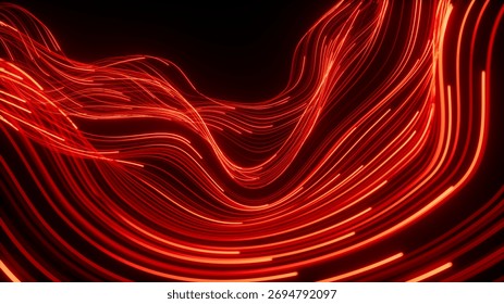 3d render, abstract background of red neon lines and wavy strings glowing in the dark. Speed of light. Fantastic wallpaper