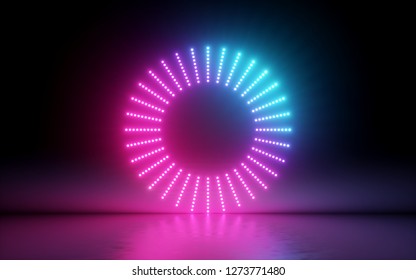 3d Render, Abstract Background, Round Screen, Ring, Glowing Dots, Neon Light, Virtual Reality, Volume Equalizer Interface, Hud, Pink Blue Spectrum, Vibrant Colors, Laser Disc, Floor Reflection