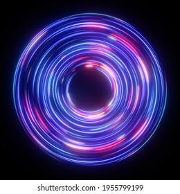 3d render, abstract background with round vortex in ultraviolet spectrum. Pink blue neon lines spinning around the black hole