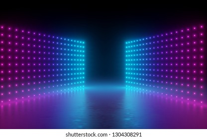 3d Render, Abstract Background, Screen Pixels, Glowing Dots, Neon Lights, Virtual Reality, Ultraviolet Spectrum, Pink Blue Vibrant Colors, Catwalk Fashion Podium, Laser Show, Stage, Isolated On Black