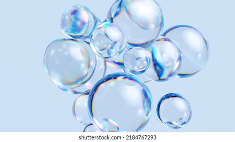 3d Render, Abstract Background, Sparkling Water Macro, Air Bubbles, Hydration Jelly Balls