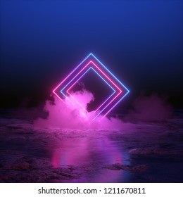 3d render, abstract background, square portal, neon lights, virtual reality, glowing lines, pink blue, ultraviolet spectrum, laser show, smoke, fog, terrain, ground