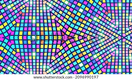 3d render. Abstract background with symmetrical structures like kaleidoscope with lighting bulbs, multicolor neon lights. Geometric dark background with 3d objects