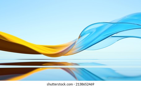 3d render abstract background. Transparent glossy glass ribbon on water. Yellow and blue colors curved wave in motion. Modern design element for banner background, wallpaper. Ukraine flag symbol.