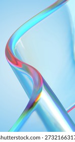 3d render abstract background. Transparent glossy glass ribbon. Curved wave in motion. Design element for banner background, wallpaper.