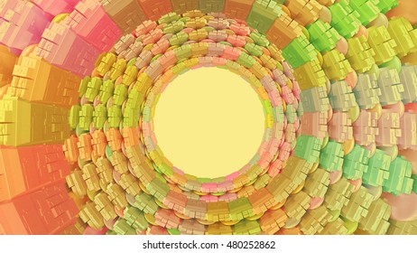 3d render abstract background. Tunnel of random objects. Abstract mesh on light background with place for text. vortex  tunnel structure that works great as a background. Background with glossy object