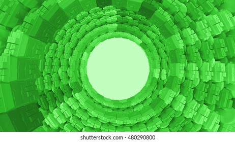 3d render abstract background. Tunnel of random objects. Abstract mesh on light background with place for text. vortex  tunnel structure that works great as a background. Background with glossy object