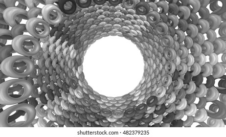 3d render abstract background. Tunnel of random objects. Abstract mesh on light background with place for text. vortex  tunnel structure that works great as a background. Background with glossy object