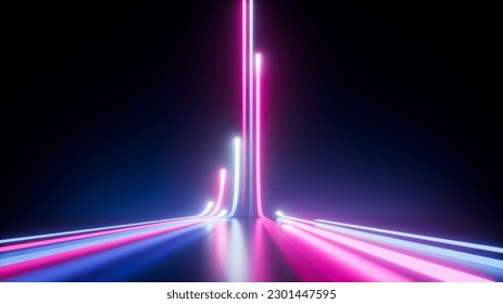 3d render, abstract background with vertical bright neon lines glowing in the dark. Futuristic ultraviolet wallpaper